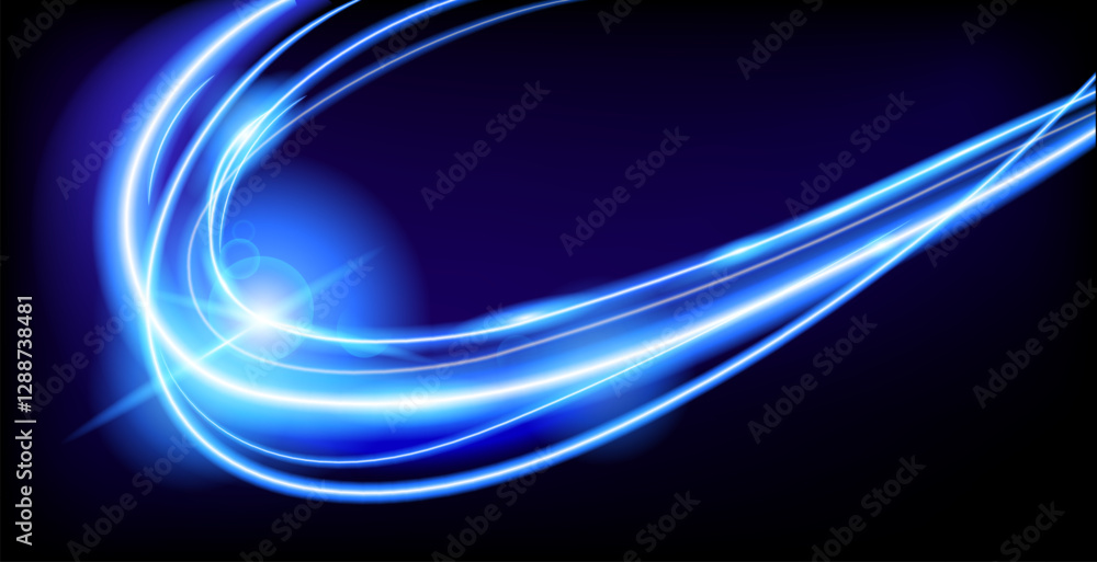 Poster abstract glowing blue light trails dynamically curve against a dark background, futuristic and high 