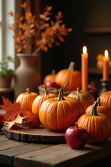 Warm and inviting autumnal scene with pumpkins, red apples, and candles on a rustic wooden table, fall decor, harvest
