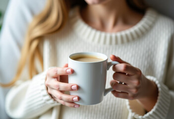 Woman in a sweater holding a white cup with a hot drink in a light peaceful environment