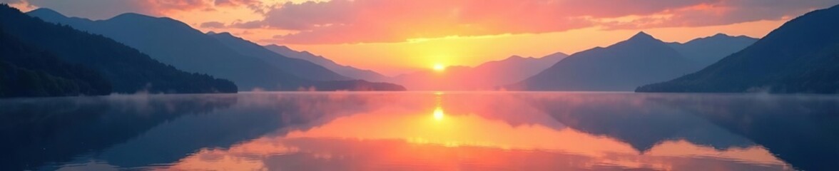 Sunset on a tranquil lake with misty mountains in the background, peaceful, mist, mountains