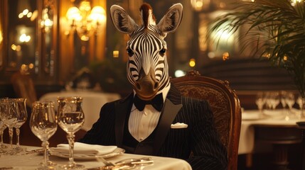 Zebra dressed in a tuxedo sits gracefully at a beautifully set table in an elegant restaurant, surrounded by warm, ambient lighting and refined decor
