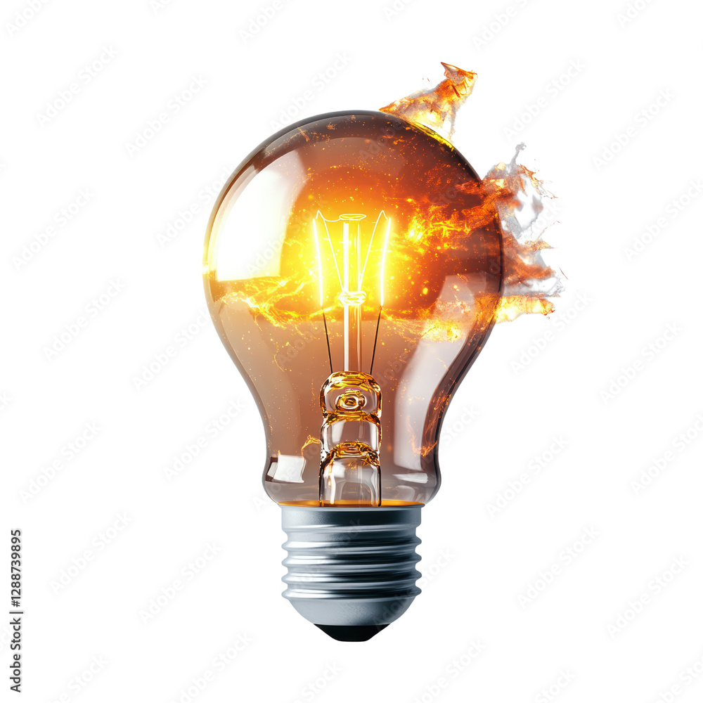 Poster light bulb with a burning flame inside illuminating a dark background creating a unique visual effec