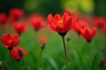 Low-growing, red flowered Lycoris radiata in a garden, Lycoris radiata, Nature