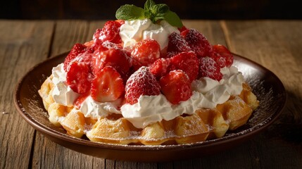 Delicious strawberry waffle dessert with whipped cream and mint