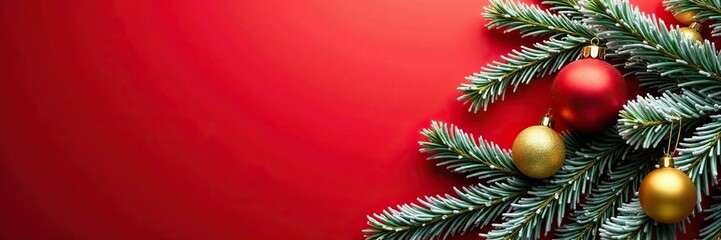Snowy pine branches with golden ornaments against a bright red background, winter, blue, holiday decor
