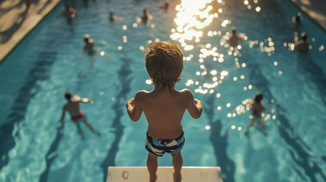 Courageous child preparing to jump into swimming pool on sunny day