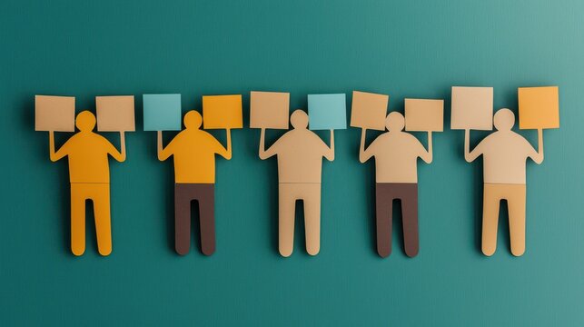 A group of colorful paper cutouts representing people holds signs, symbolizing unity and protest on a teal background.