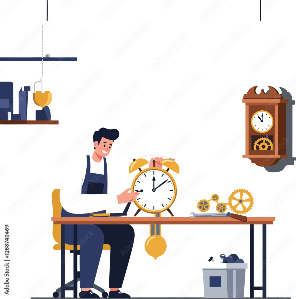 Poster clockmaker working on an alarm clock in flat vector art style