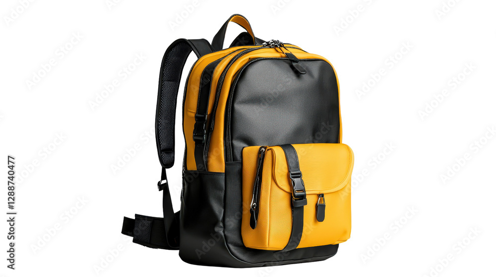Poster yellow backpack with black straps on a white background showcasing modern design and practicality is