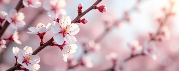 Fototapeta premium White and pale pink hues dance in the gentle breeze as blossoming almonds sway, blossoms, almond bloom