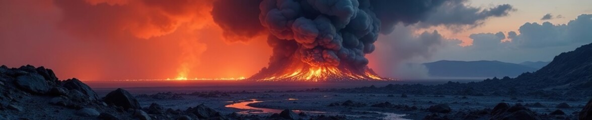 Fototapeta premium A dark cloud of smoke billows from the earth's surface, molten rock, burning earth
