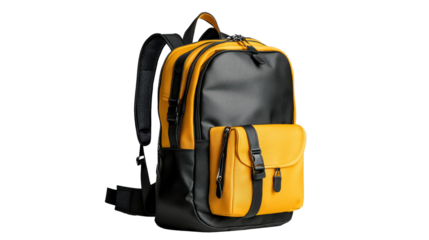 Yellow backpack with black straps on a white background showcasing modern design and practicality isolated on transparent background.