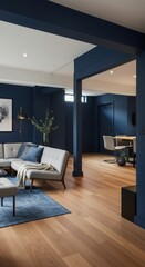 Fototapeta premium Navy Blue Warm White Basement design Zen Scandinavian decor