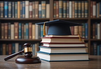 A Professional Setting Featuring a Stack of Books with a Graduation Cap and a Judge's Gavel, Representing Legal Education, Achievement, and the Pursuit of a Law Degree in an Educational Environment