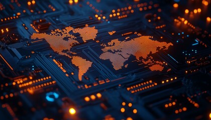 Obraz premium Closeup of a printed circuit board PCB with world map design, glowing circuits, digital technology, futuristic electronics, vibrant and detailed, 8K quality