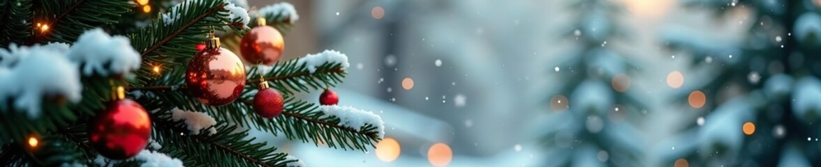 Obraz premium Golden holly branch with ornaments on a snow-covered tree, snow, holly
