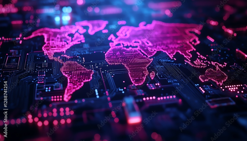Poster closeup of a printed circuit board pcb with world map design, glowing circuits, digital technology, 