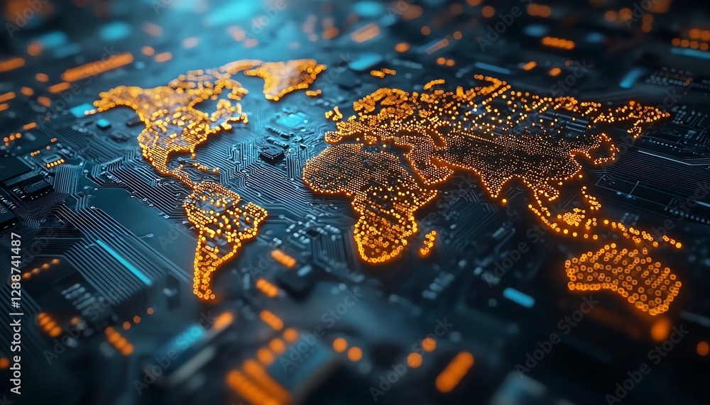 Poster closeup view of a pcb world map, intricate circuit board with glowing components, digital mapping, f