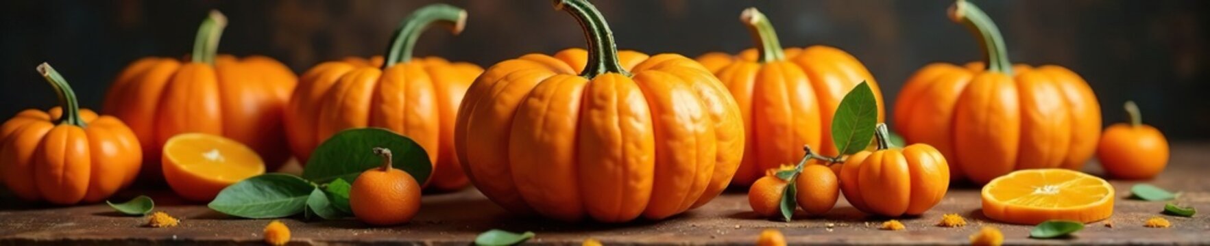 Voluminosa calabaza decorada con capucha de naranja, guirnaldas, festa