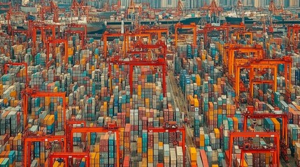Naklejka premium Cranes and containers unloading chinese port industrial scene busy environment aerial view maritime commerce