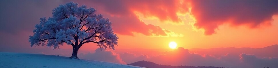 Obraz premium Frosty tree silhouetted against warm sunset sky, tree, tree branch, winter