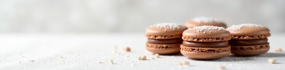 Milk chocolate macarons on a snowy white background, delicate, confectionery, round