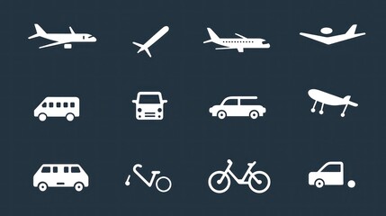A set of minimalist transportation icons, including cars, planes, and bicycles, perfect for clean and modern designs