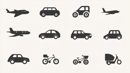 A set of simple transportation icons, such as cars, planes, and bicycles.