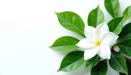 Obraz premium White background with separated crape jasmine leaves, gardenia, flower, blossom
