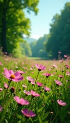 A field of pink wildflowers sways in the gentle breeze amidst a lush green meadow and towering trees, blossoms, nature