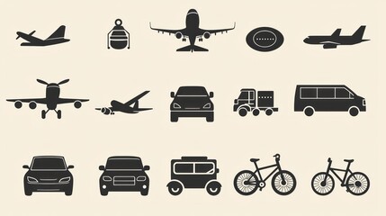 Simple Transportation Icons Featuring Cars, Planes, and Bicycles for Clean and Modern Design