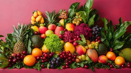 A podium covered with a vibrant arrangement of leafy greens, surrounded by colorful fruits like mangoes and cherries