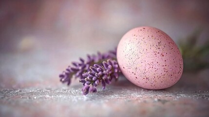 Obraz premium A minimalistic Easter background professionally designed in the studio, featuring a clean white surface with a single pastel egg and a sprig of lavender