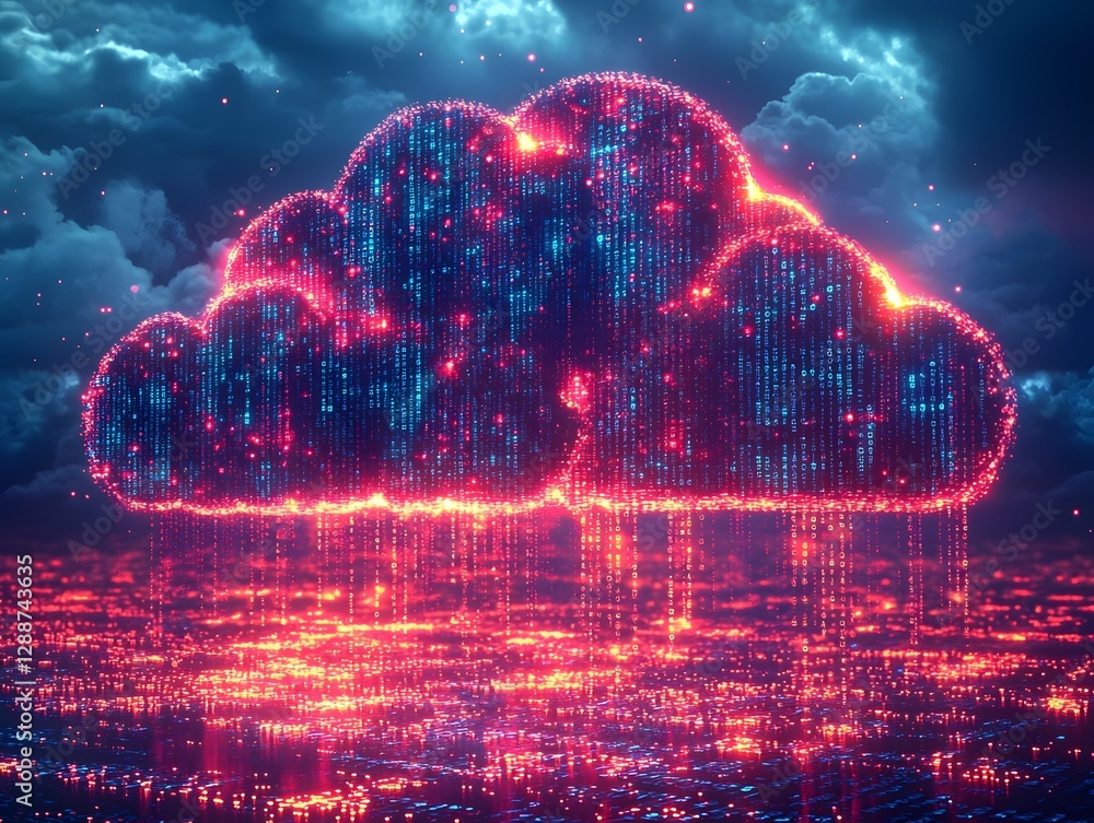 Poster vibrant cloud of glowing binary code symbolizing seamless cloud computing network
