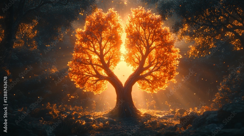 Poster luminous tree with vibrant orange leaves glowing in sunlight within dim forest. nature and wonder co