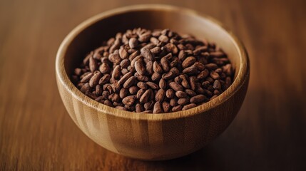 Fototapeta premium Close-Up of Cocoa Beans in a Wooden Bowl on a Rustic Table
