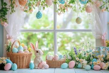 Easter-Themed Backdrop Featuring Pastel-Colored Eggs, a Bunny, and Beautiful Flowers on a White Windowsill with a Background of a Blooming Field – Ideal for Easter Celebrations and Decor.