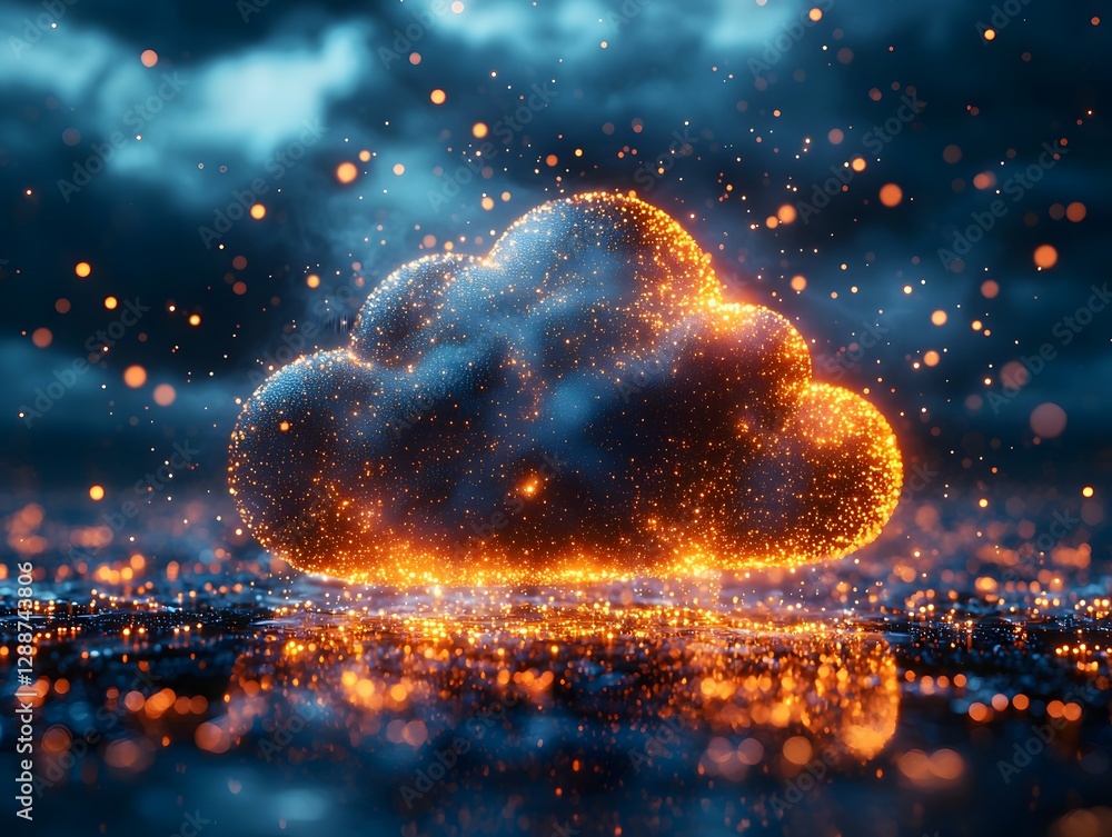 Poster glowing digital cloud with spiraling data flow and dynamic light effects symbolizing cloud computing