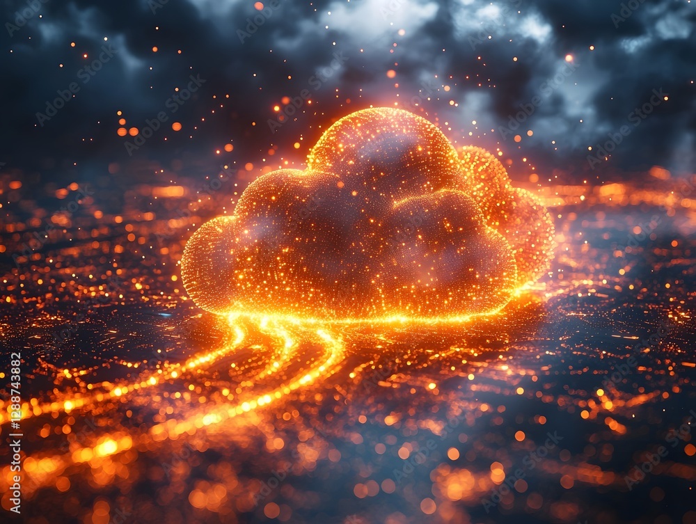 Poster glowing digital cloud with swirling data flow symbolizing speed and efficiency of cloud computing