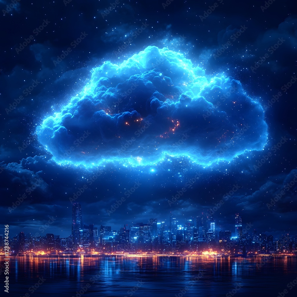 Canvas Prints glowing minimalist cloud over illuminated city skyline cloud computing concept