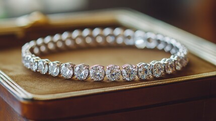 A delicate diamond bracelet with small round-cut diamonds, gracefully arranged on a jewelry box.