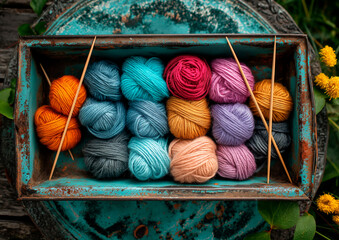 Wool yarn and knitting needles in a tray