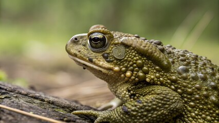 Naklejka premium Toad Close-up: A detailed macro shot of a bumpy green toad perched on a log, showcasing its unique texture and captivating eyes, set against a natural blurred background.