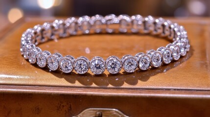 Obraz premium A delicate diamond bracelet with small round-cut diamonds, gracefully arranged on a jewelry box.