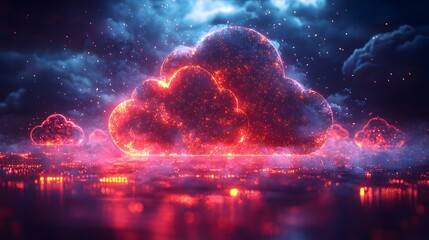 Fototapeta premium Futuristic Glowing Cloud Computing Concept with Holographic Devices Connected by Luminous Beams