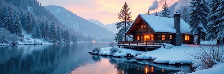 Fototapeta premium Cozy cabin nestled on the riverbank, smoke rises from chimney in cold morning, cozy atmosphere, snow