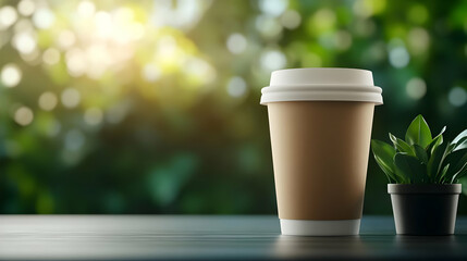 A refreshing coffee cup sits beside a small plant, surrounded by nature's beauty, perfect for morning energy and calm moments.