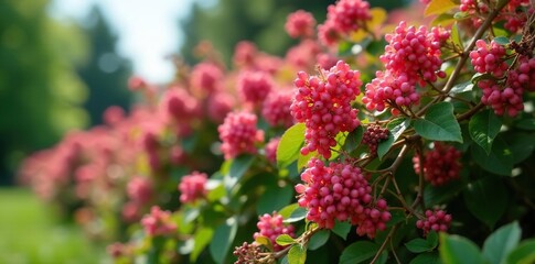 Obraz premium Low-angle shot of salmon berry bushes covered in pink flowers and foliage, bushy plants, salmon berry