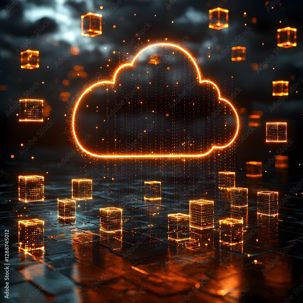 Poster minimalist glowing cloud surrounded by floating data storage cubes in dark space