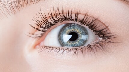 Obraz premium Macro photography of a female eye showcasing long eyelashes, healthy skin, and a captivating grey iris, ideal for beauty, health, or vision related themes